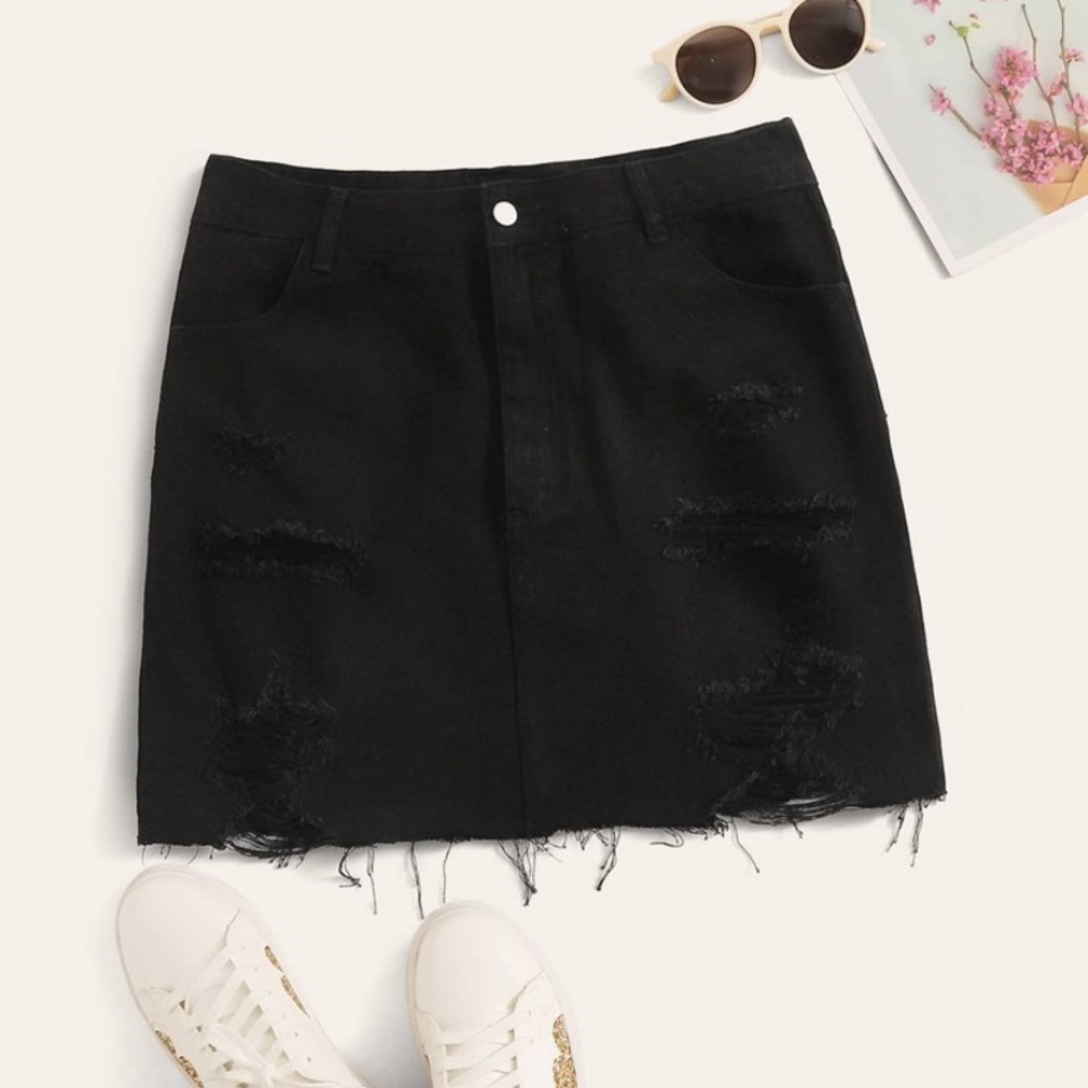 Ripped Button Fly Straight Denim Skirt